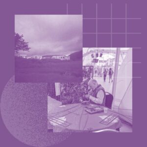 White caravans in a field next to a photo of a person with light skin tone and short white hair weaving a willow object. Beneath the photos are a grid and a speckled circle. Overlaid is a purple gradient